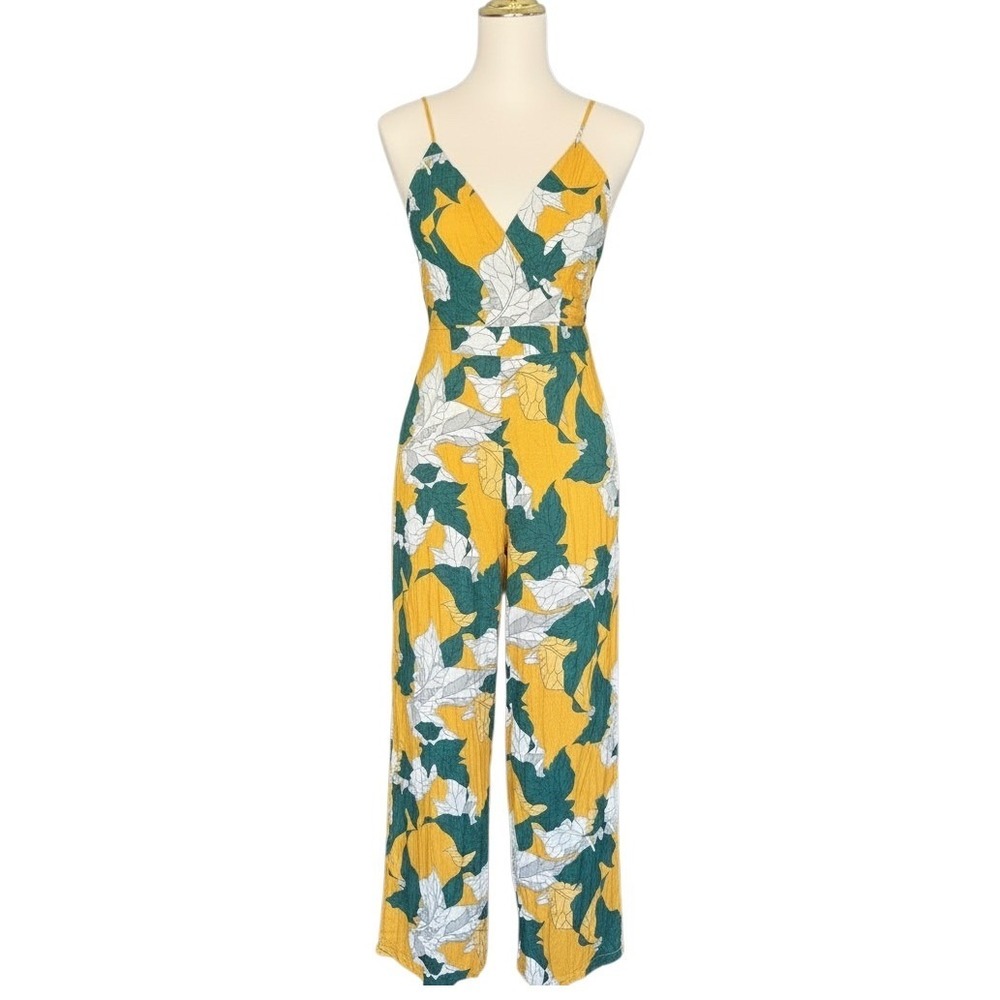 Lulus Yellow Green Leaf Print Wide Leg Cutout Tie Back Jumpsuit Small
